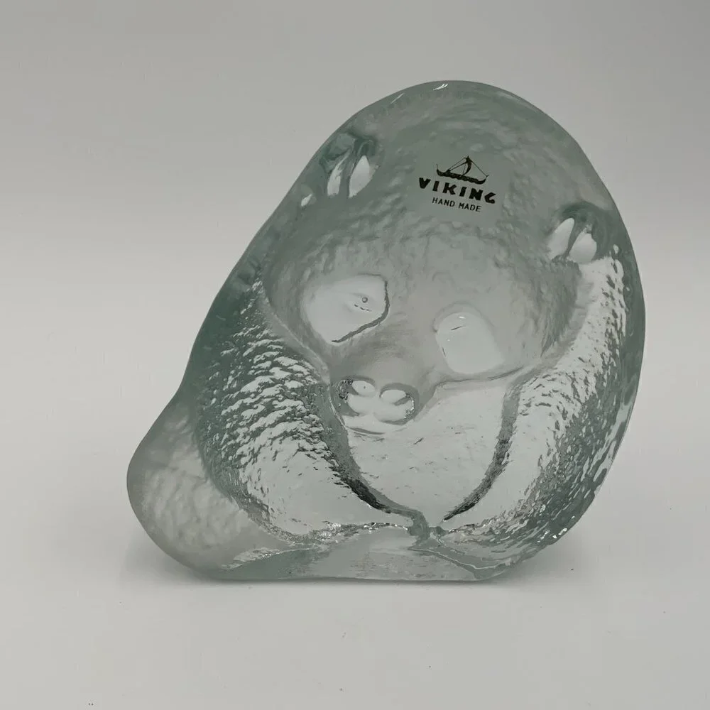 Vintage Viking Frosted and Clear Glass Panda Bear Figurine with Label
